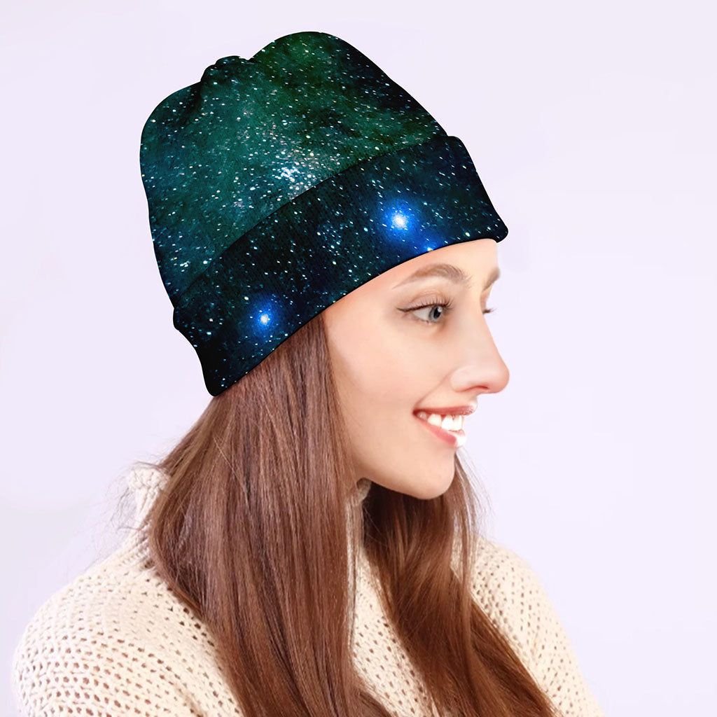 Dark Green Galaxy Space Print Beanie