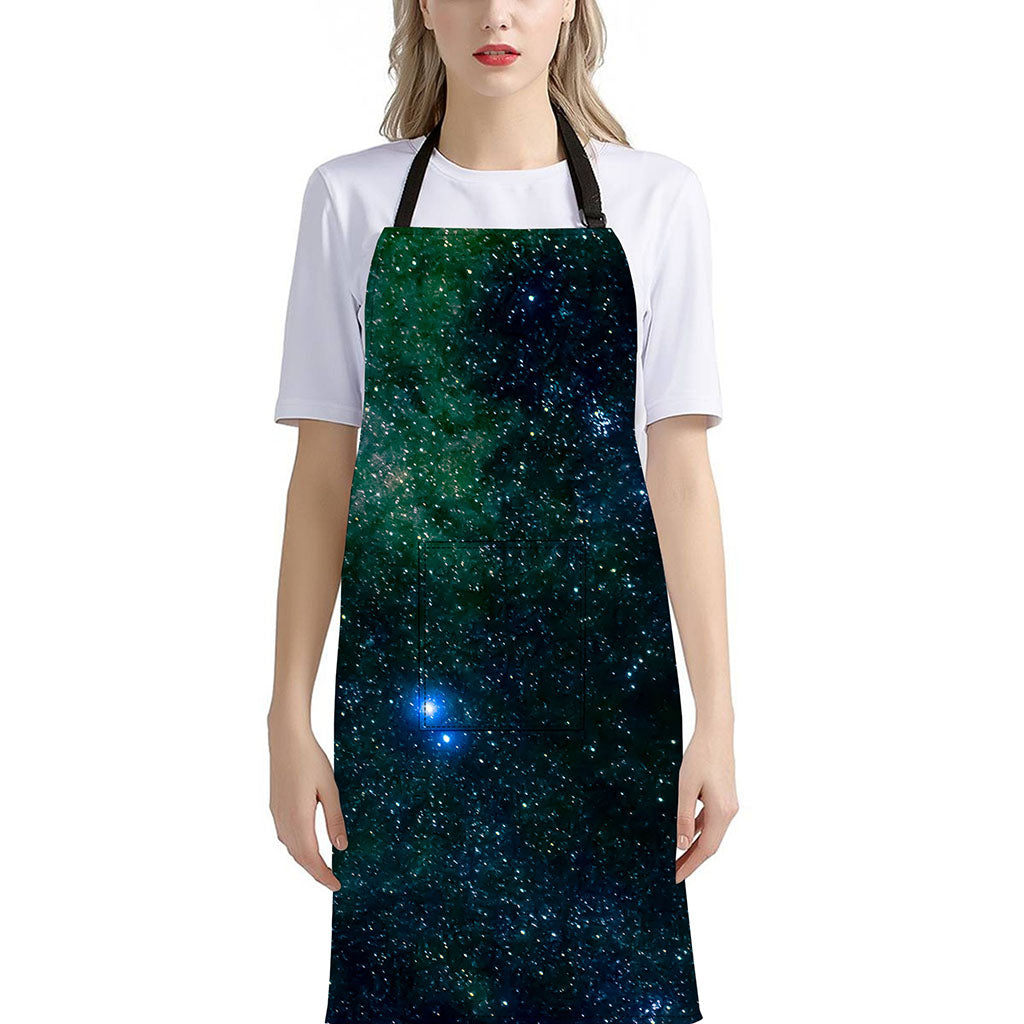 Dark Green Galaxy Space Print Bib Apron With Pocket
