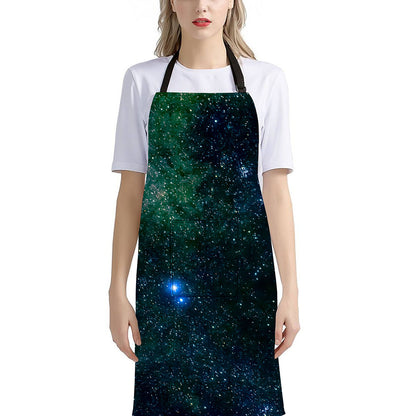 Dark Green Galaxy Space Print Bib Apron With Pocket