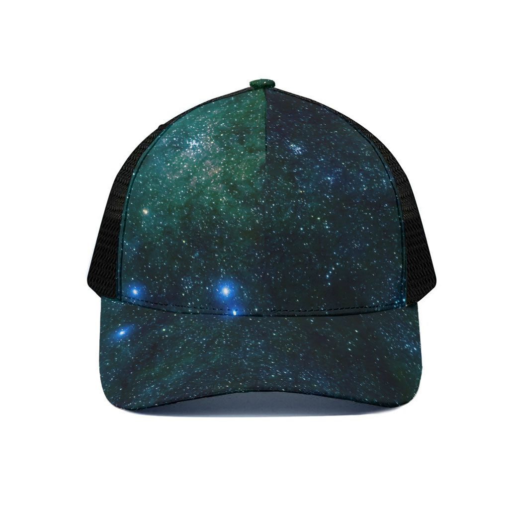 Dark Green Galaxy Space Print Black Mesh Trucker Cap