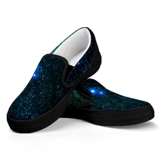 Dark Green Galaxy Space Print Black Slip On Sneakers