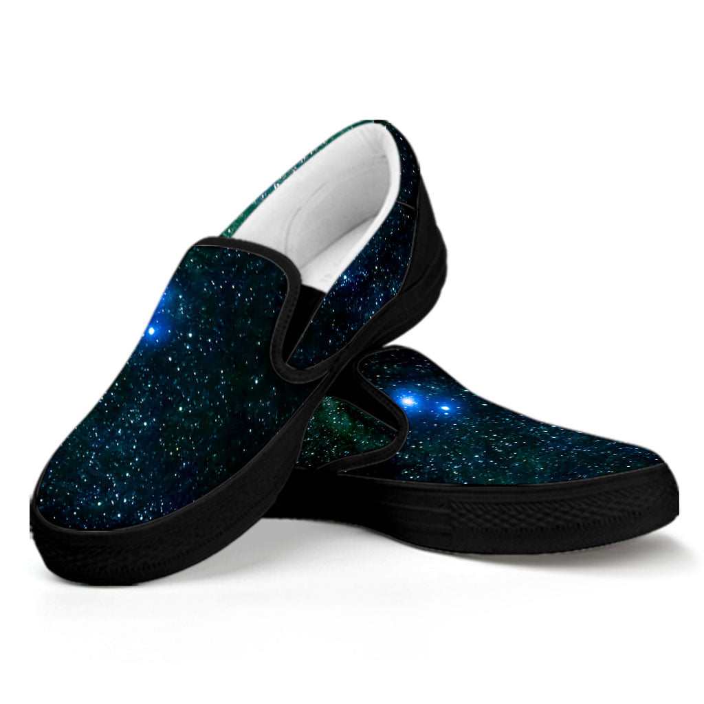 Dark Green Galaxy Space Print Black Slip On Sneakers