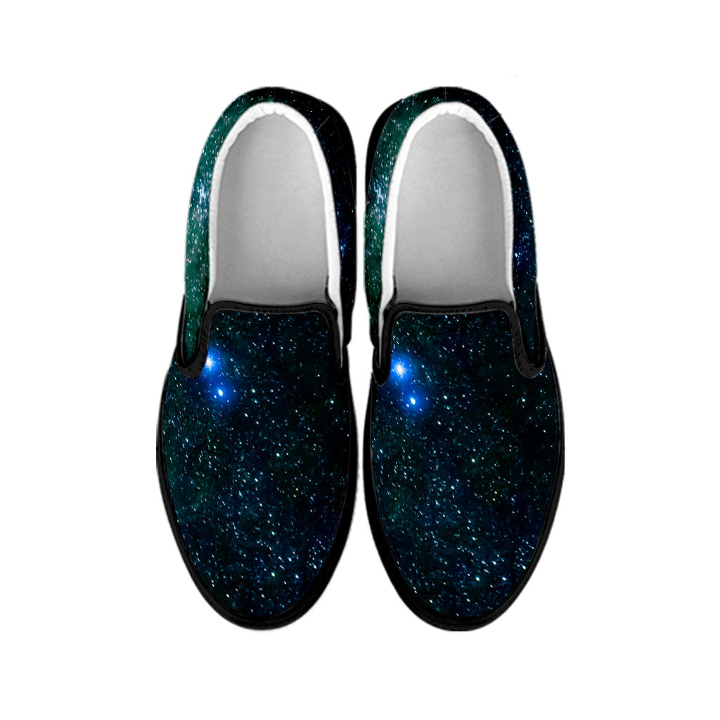 Dark Green Galaxy Space Print Black Slip On Sneakers