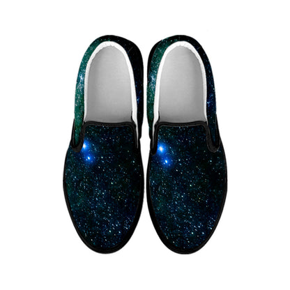 Dark Green Galaxy Space Print Black Slip On Sneakers