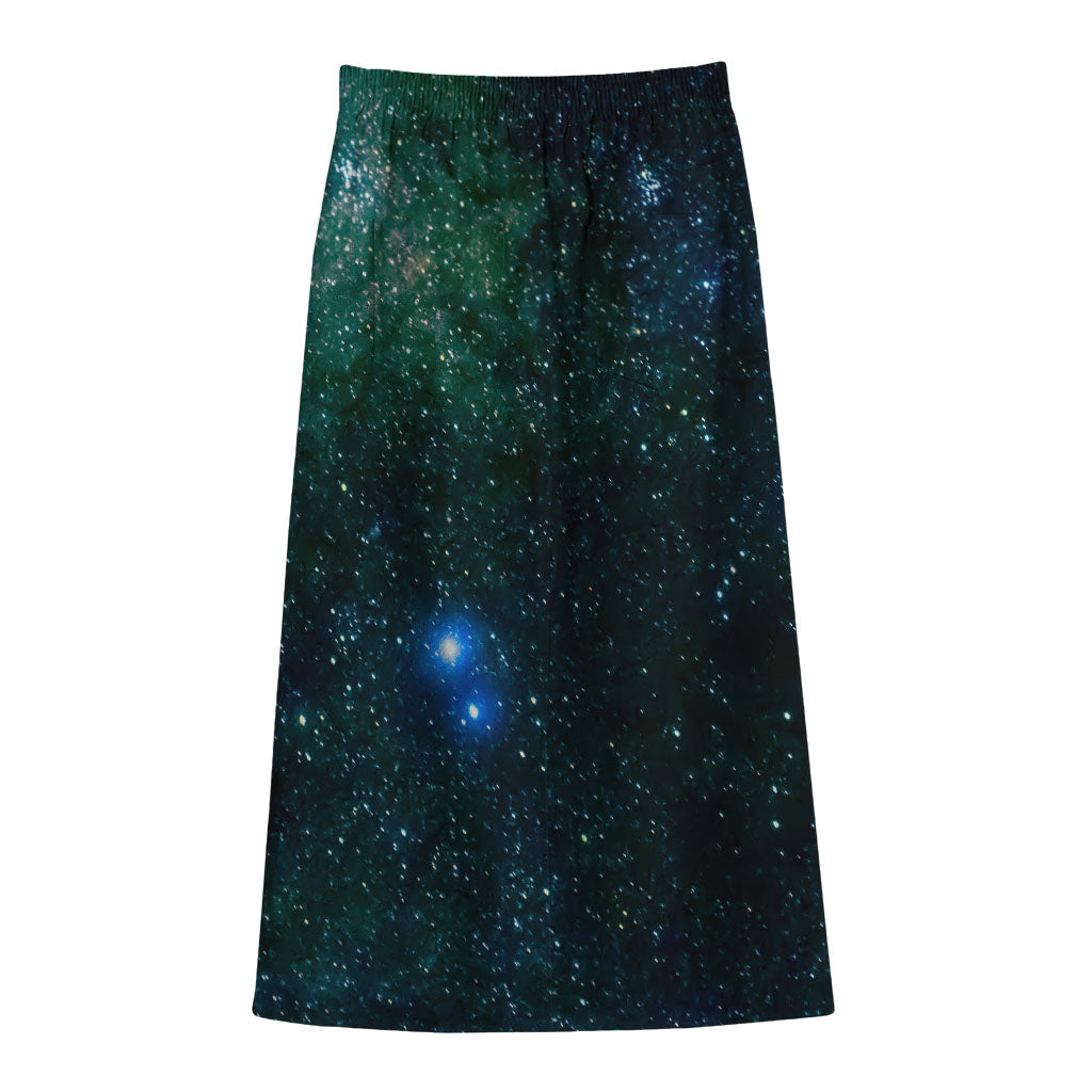 Dark Green Galaxy Space Print Cotton Front Slit Maxi Skirt