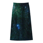 Dark Green Galaxy Space Print Cotton Front Slit Maxi Skirt