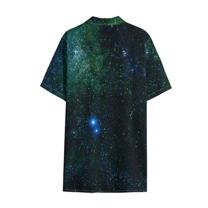 Dark Green Galaxy Space Print Cotton Hawaiian Shirt