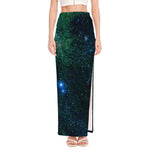 Dark Green Galaxy Space Print High Slit Maxi Skirt