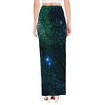 Dark Green Galaxy Space Print High Slit Maxi Skirt