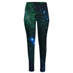 Dark Green Galaxy Space Print High-Waisted Pocket Leggings
