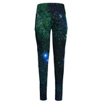 Dark Green Galaxy Space Print High-Waisted Pocket Leggings