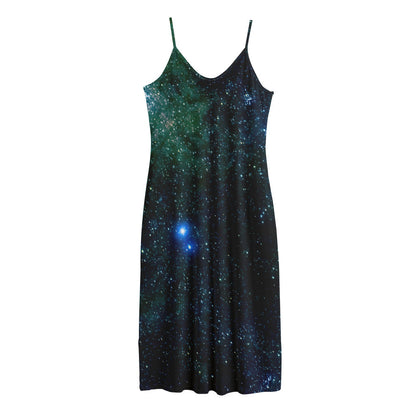 Dark Green Galaxy Space Print Jersey Midi Cami Dress