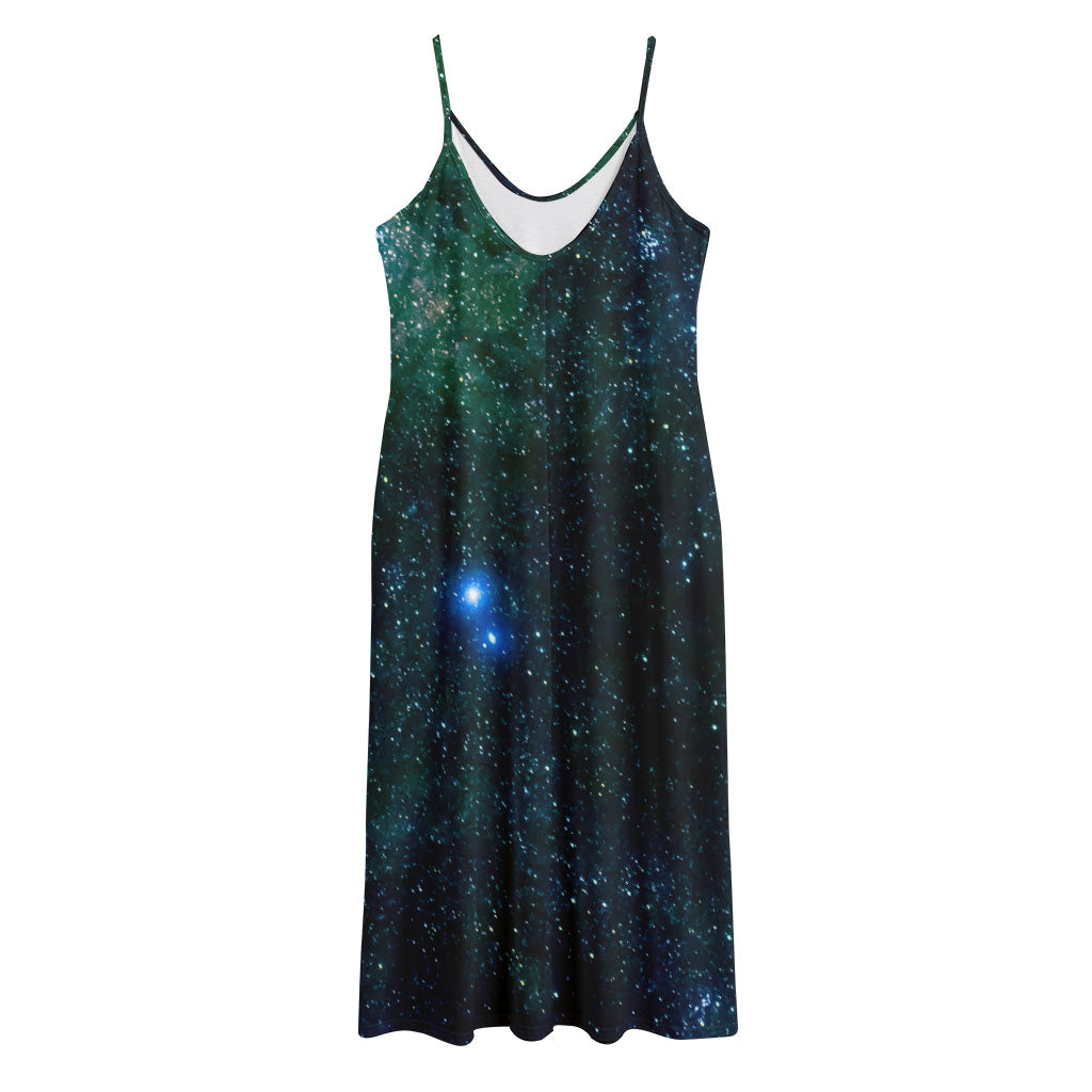 Dark Green Galaxy Space Print Jersey Midi Cami Dress