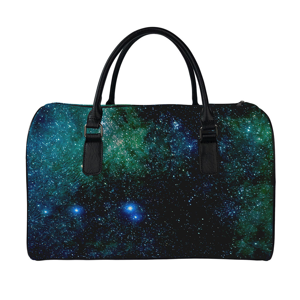 Dark Green Galaxy Space Print Leather Duffle Bag