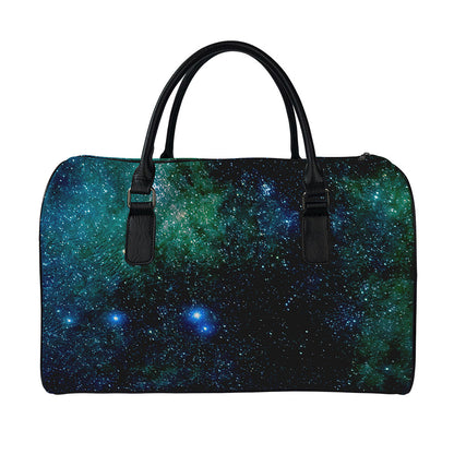 Dark Green Galaxy Space Print Leather Duffle Bag
