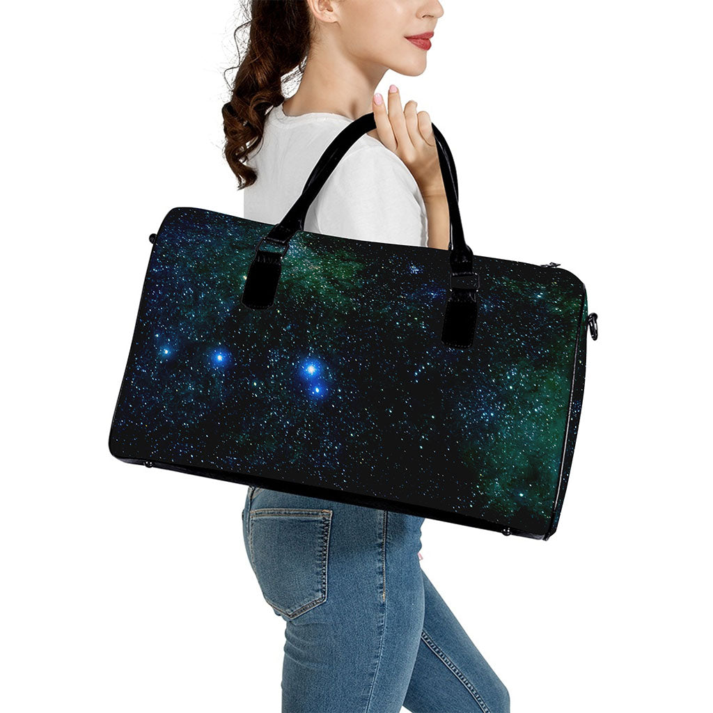 Dark Green Galaxy Space Print Leather Duffle Bag