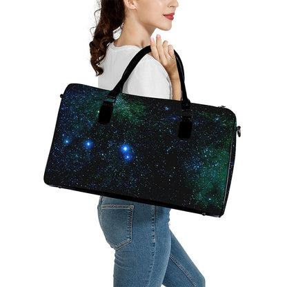Dark Green Galaxy Space Print Leather Duffle Bag