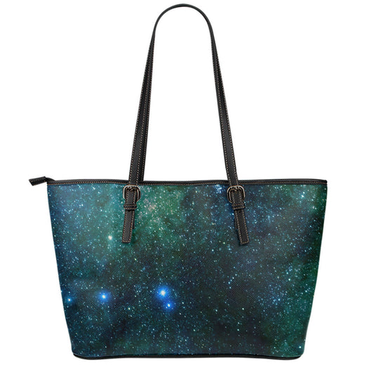 Dark Green Galaxy Space Print Leather Tote Bag