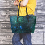 Dark Green Galaxy Space Print Leather Tote Bag