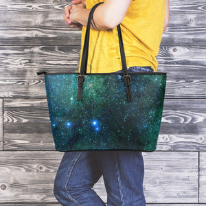Dark Green Galaxy Space Print Leather Tote Bag