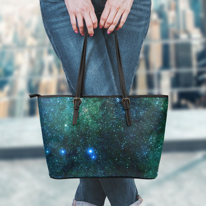 Dark Green Galaxy Space Print Leather Tote Bag