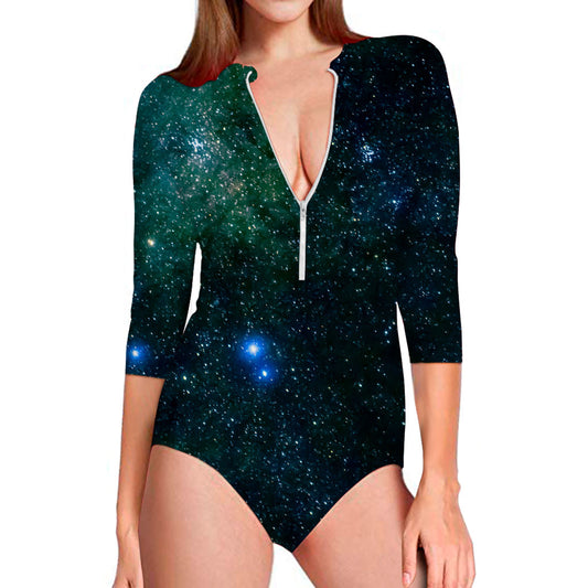 Dark Green Galaxy Space Print Long Sleeve Swimsuit