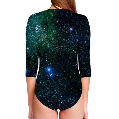Dark Green Galaxy Space Print Long Sleeve Swimsuit