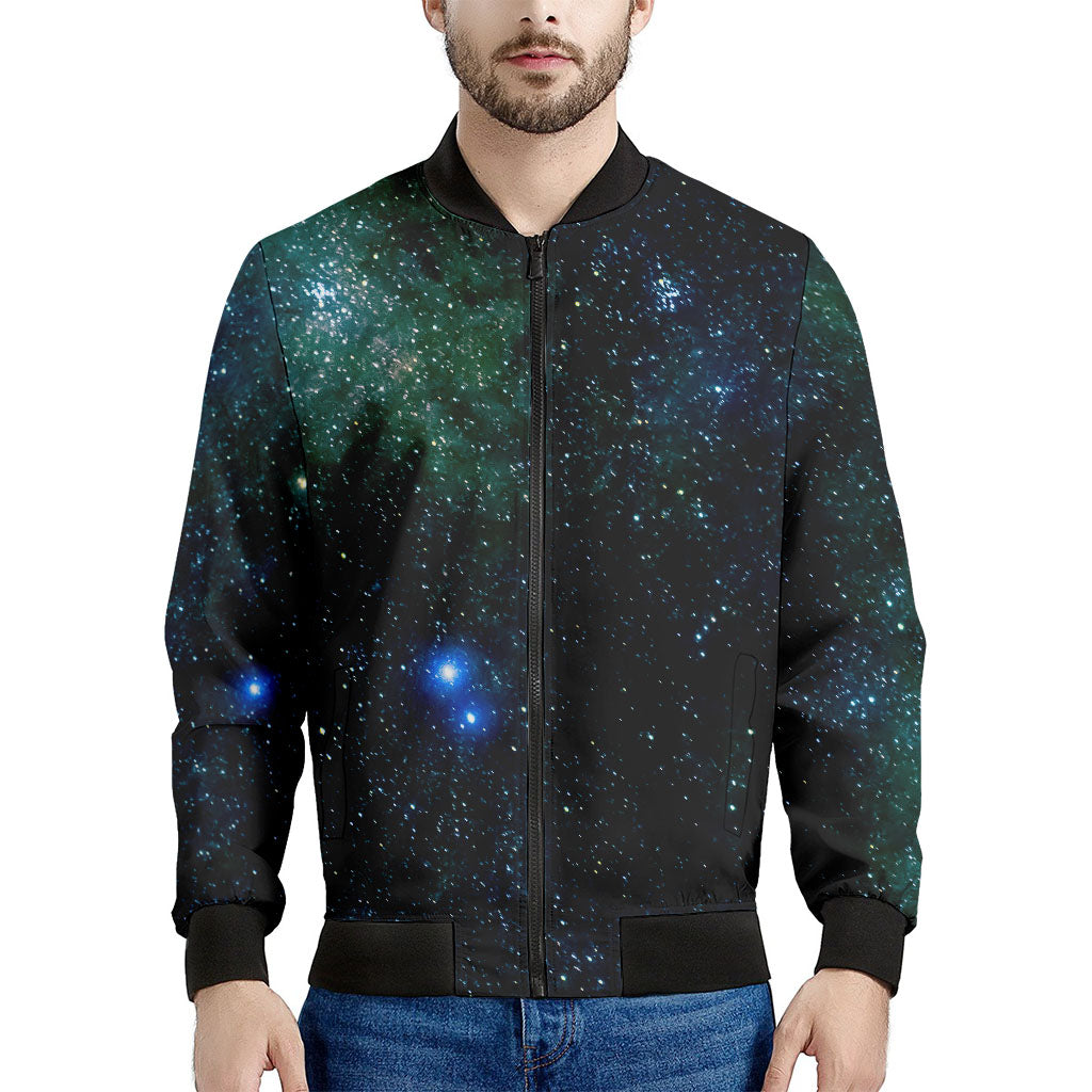 Dark Green Galaxy Space Print Men's Bomber Jacket