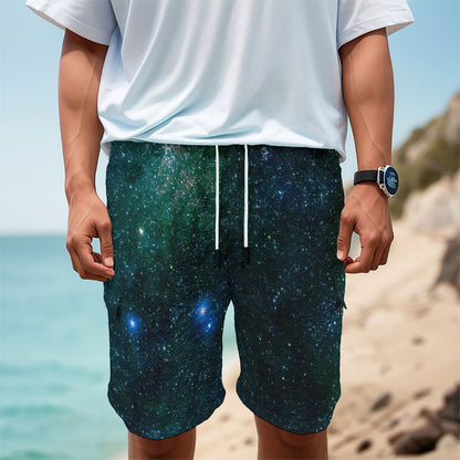 Dark Green Galaxy Space Print Men's Cargo Shorts