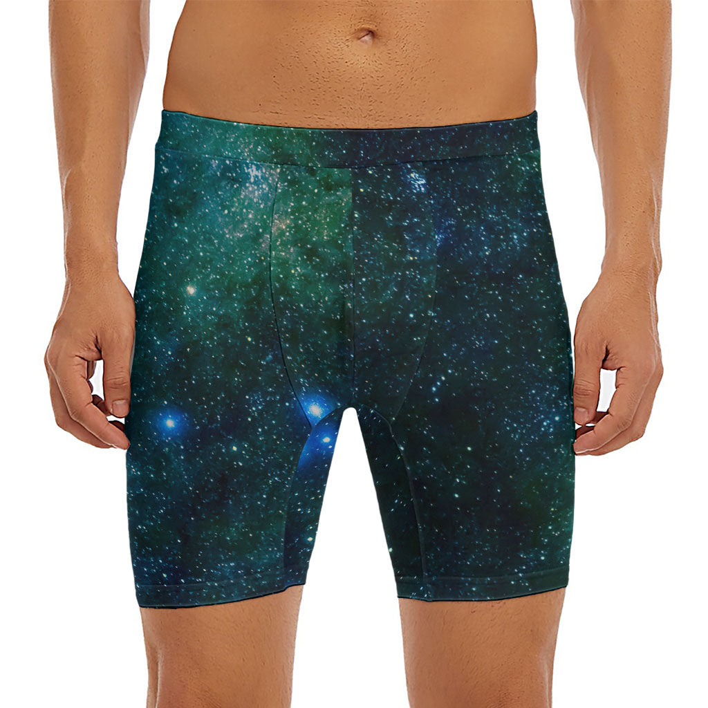 Dark Green Galaxy Space Print Men's Long Boxer Briefs