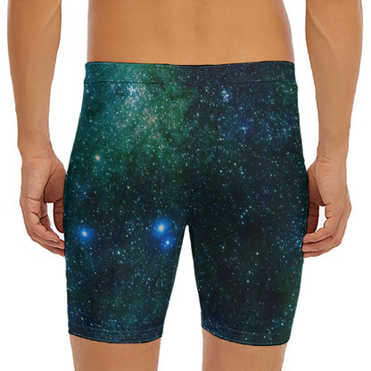 Dark Green Galaxy Space Print Men's Long Boxer Briefs