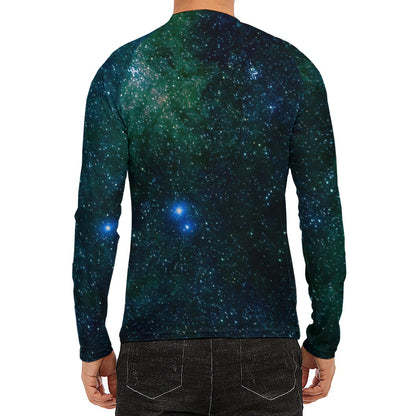 Dark Green Galaxy Space Print Men's Long Sleeve Rash Guard