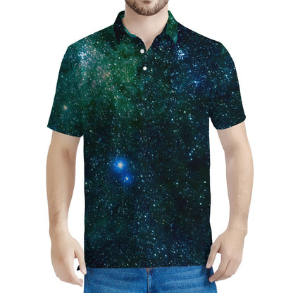 Dark Green Galaxy Space Print Men's Polo Shirt