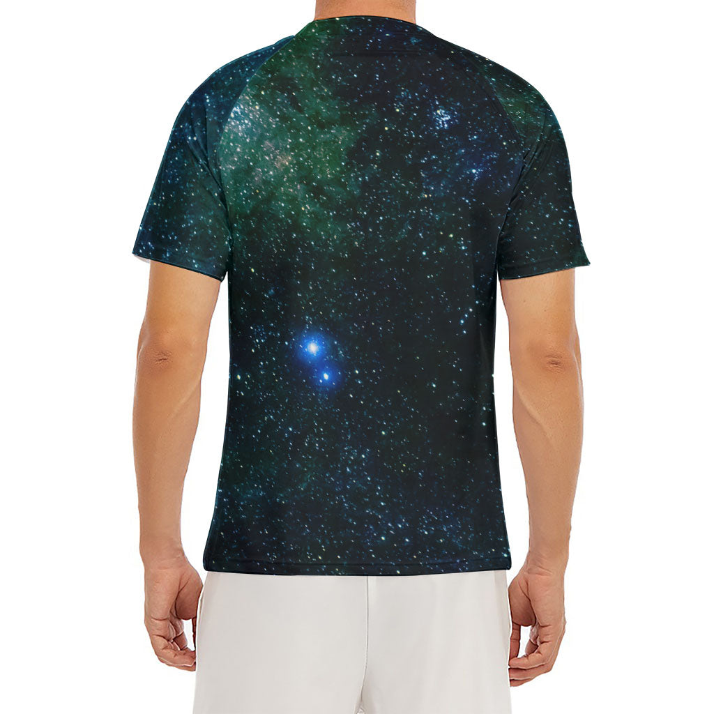 Dark Green Galaxy Space Print Men's Short Sleeve Rash Guard