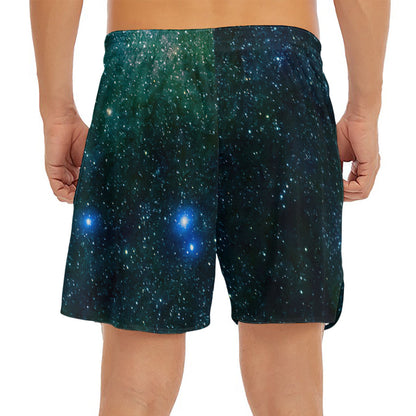 Dark Green Galaxy Space Print Men's Split Running Shorts