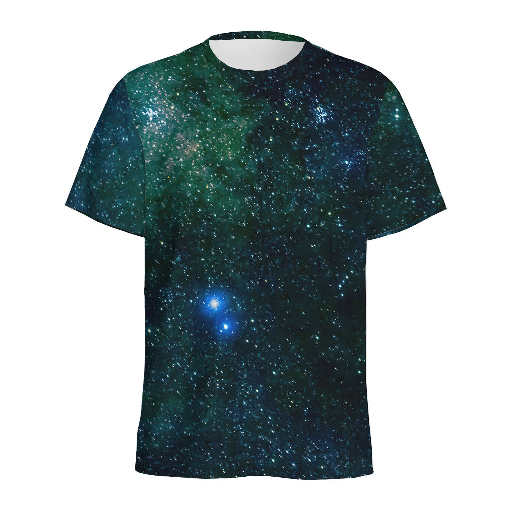 Dark Green Galaxy Space Print Men's Sports T-Shirt