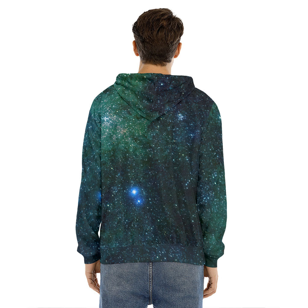 Dark Green Galaxy Space Print Men's Velvet Pullover Hoodie