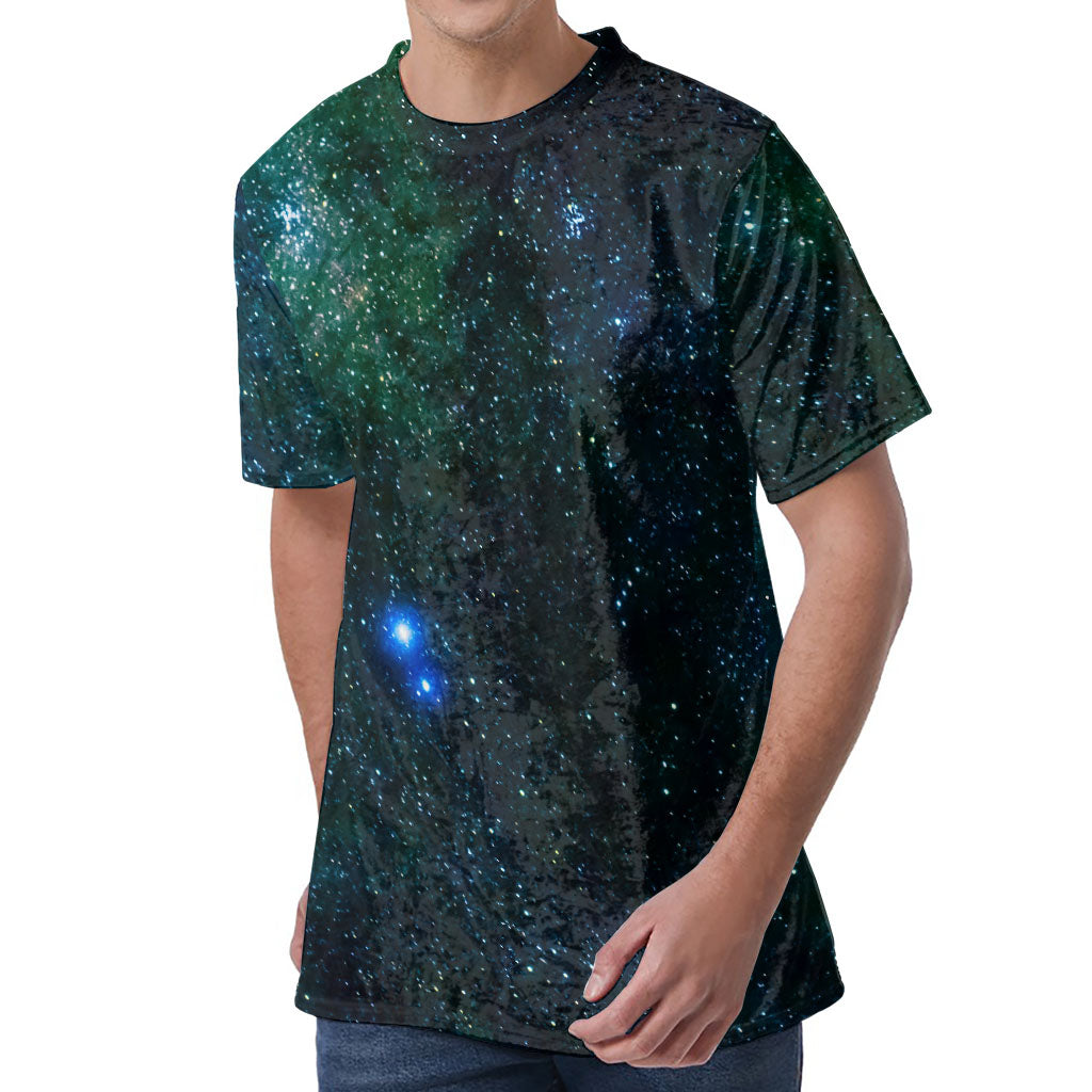 Dark Green Galaxy Space Print Men's Velvet T-Shirt