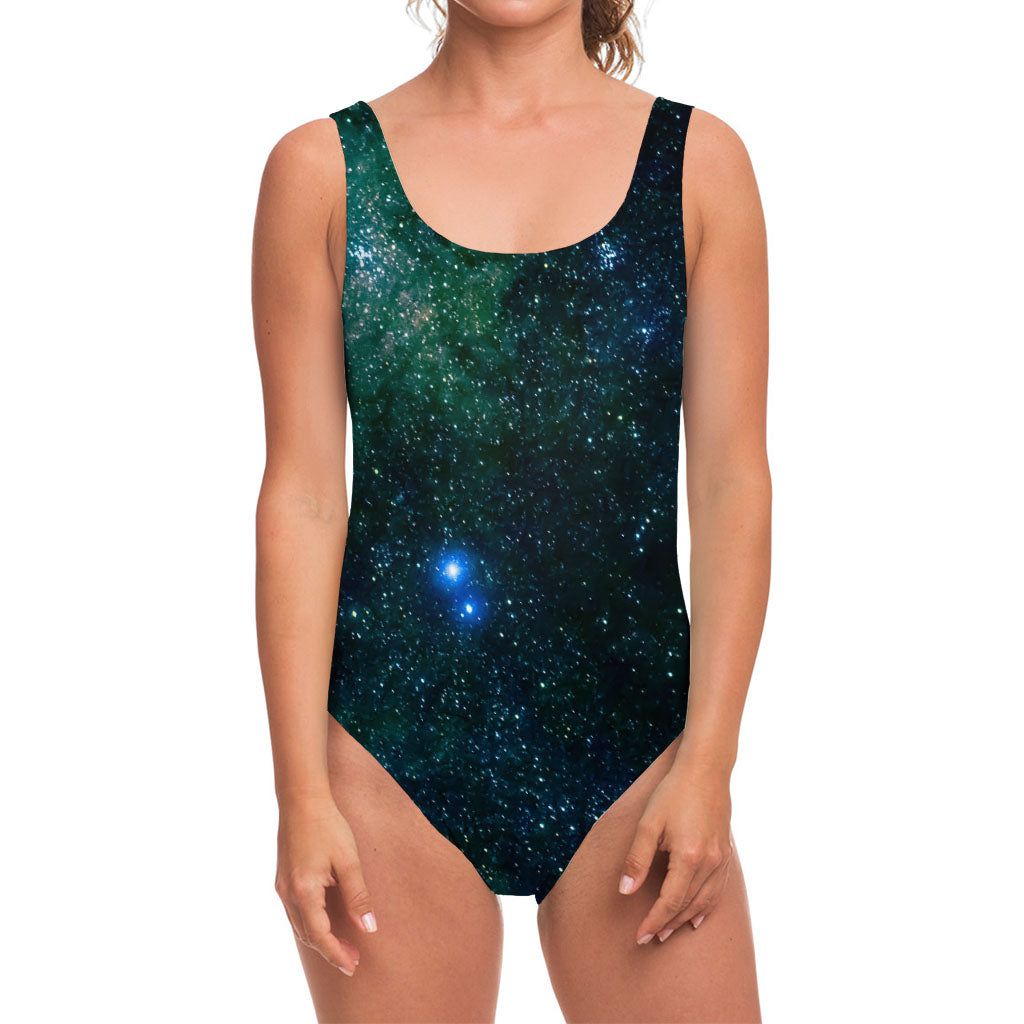 Dark Green Galaxy Space Print One Piece Swimsuit