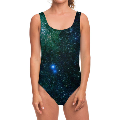 Dark Green Galaxy Space Print One Piece Swimsuit