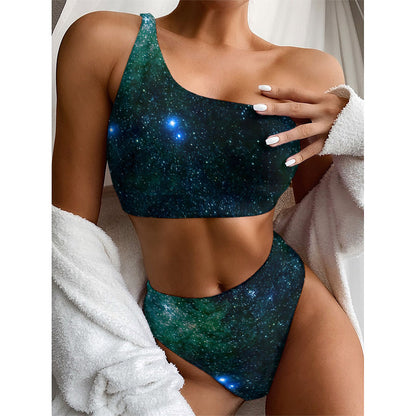 Dark Green Galaxy Space Print One Shoulder Bikini Top