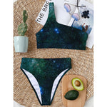 Dark Green Galaxy Space Print One Shoulder Bikini Top