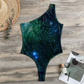 Dark Green Galaxy Space Print One Shoulder Bodysuit