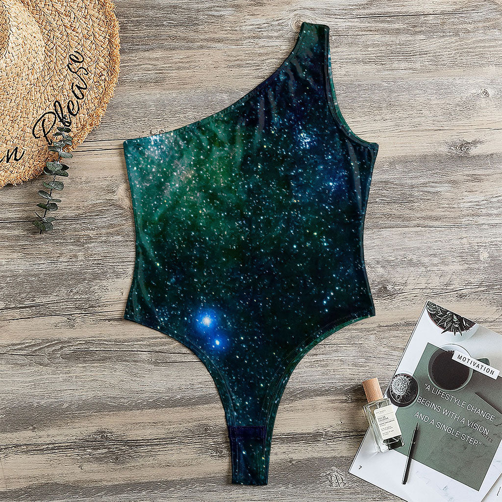 Dark Green Galaxy Space Print One Shoulder Bodysuit