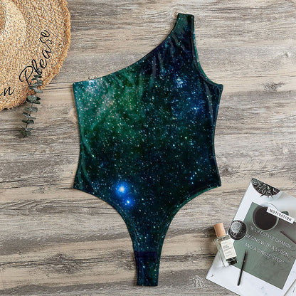 Dark Green Galaxy Space Print One Shoulder Bodysuit