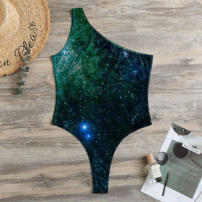 Dark Green Galaxy Space Print One Shoulder Bodysuit