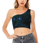 Dark Green Galaxy Space Print One Shoulder Crop Top
