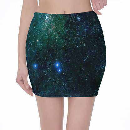 Dark Green Galaxy Space Print Pencil Mini Skirt