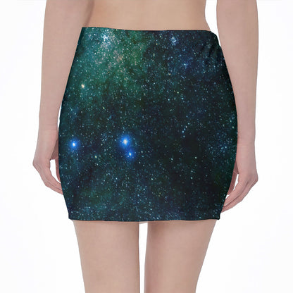 Dark Green Galaxy Space Print Pencil Mini Skirt