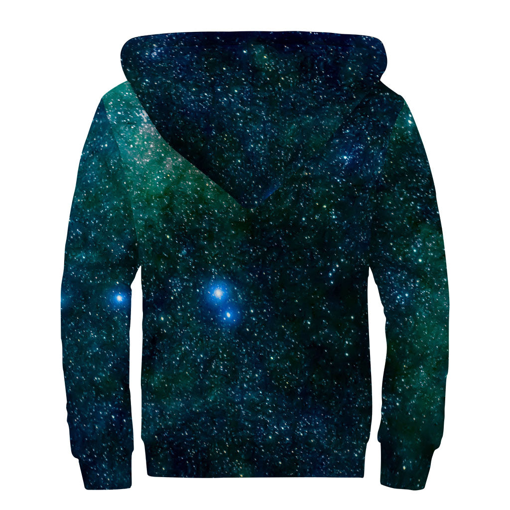 Dark Green Galaxy Space Print Sherpa Lined Zip Up Hoodie